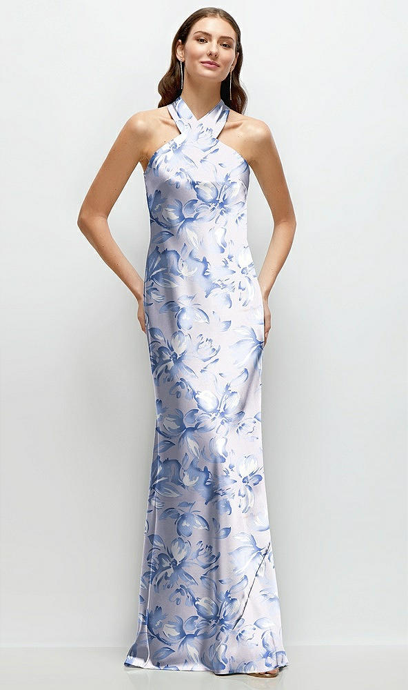 Front View - Magnolia Sky Floral Twist Pleated Halter Bias Satin Maxi Dress with Self-Tie Bow Back