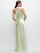 Alt View 1 Thumbnail - Vintage Primrose Celadon Floral Twist Pleated Halter Bias Satin Maxi Dress with Self-Tie Bow Back