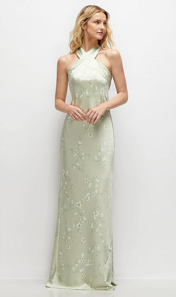 Front View - Vintage Primrose Celadon Floral Twist Pleated Halter Bias Satin Maxi Dress with Self-Tie Bow Back