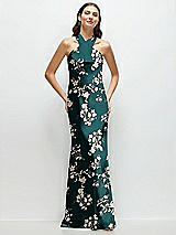 Front View Thumbnail - Vintage Primrose Evergreen Floral Twist Pleated Halter Bias Satin Maxi Dress with Self-Tie Bow Back