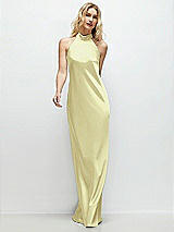 Front View Thumbnail - Butter Yellow Stand Collar Bias Satin Maxi Dress with Self-Tie Bow Back