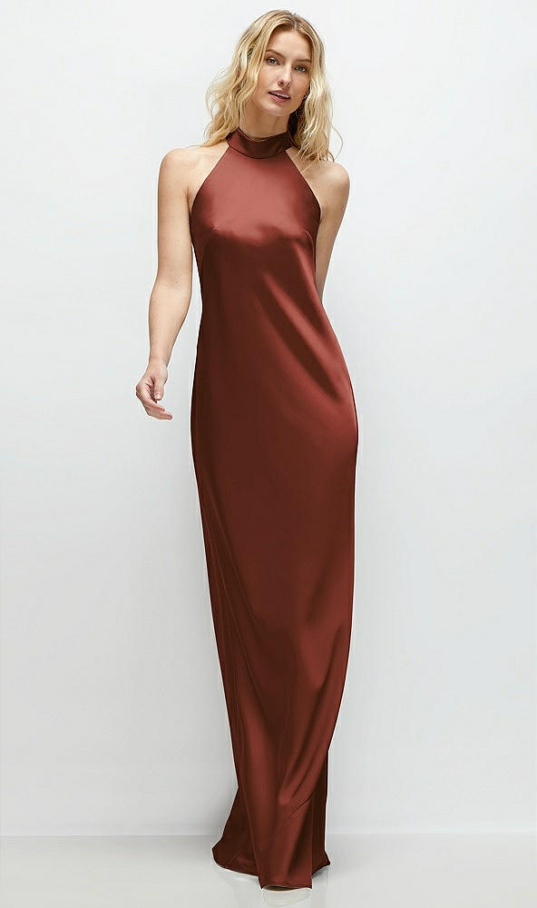 Front View - Auburn Moon Stand Collar Bias Satin Maxi Dress with Self-Tie Bow Back