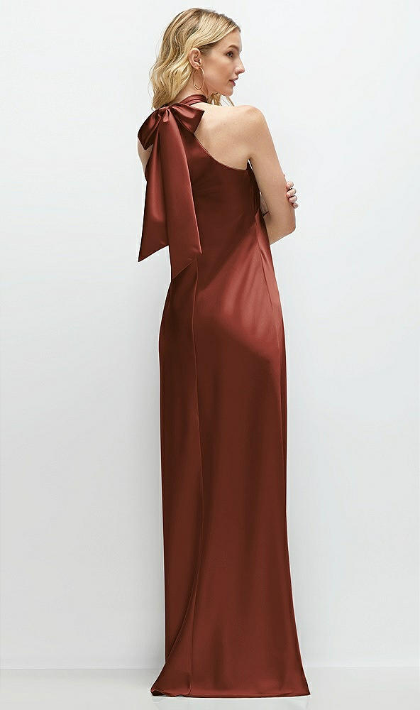 Back View - Auburn Moon Stand Collar Bias Satin Maxi Dress with Self-Tie Bow Back