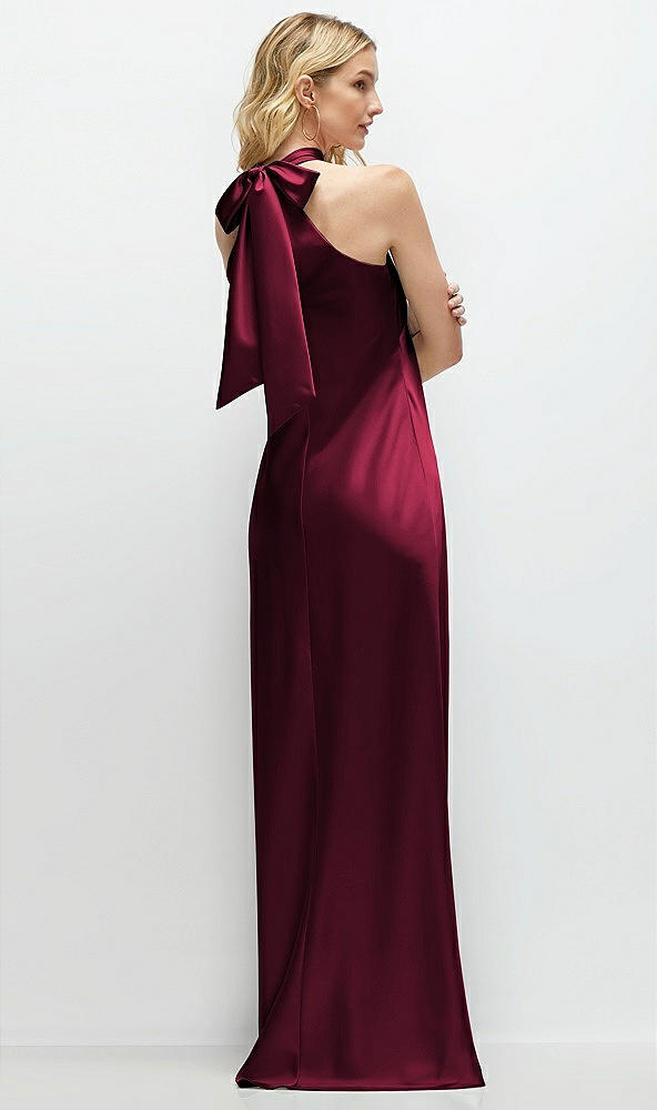 Back View - Cabernet Stand Collar Bias Satin Maxi Dress with Self-Tie Bow Back