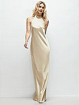 Front View Thumbnail - Champagne Stand Collar Bias Satin Maxi Dress with Self-Tie Bow Back