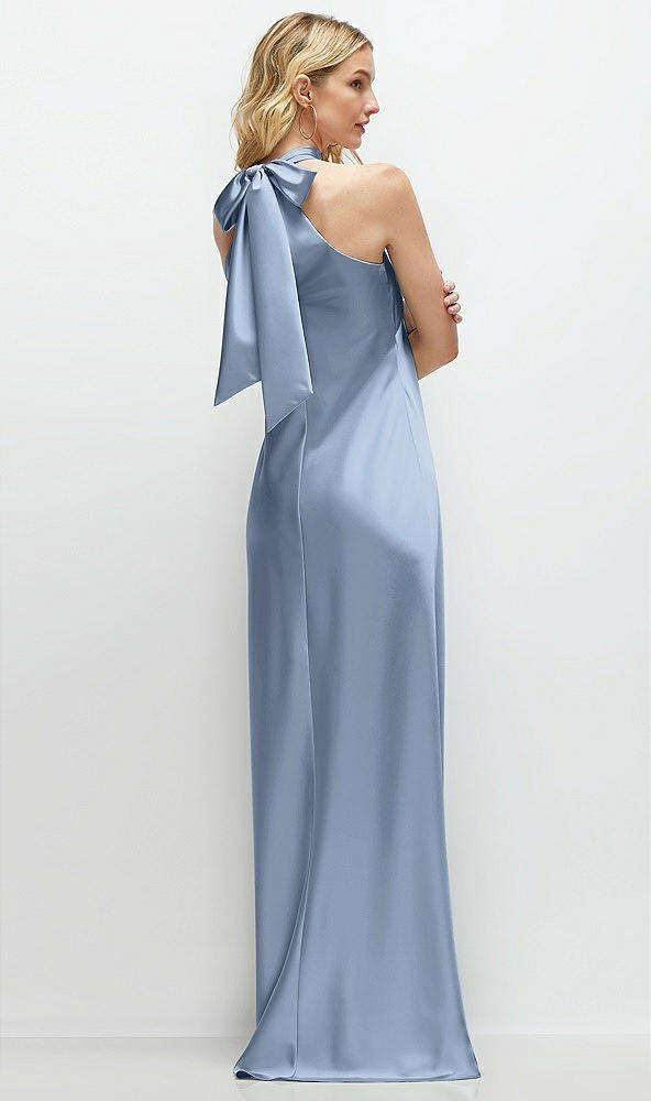 Back View - Cloudy Stand Collar Bias Satin Maxi Dress with Self-Tie Bow Back