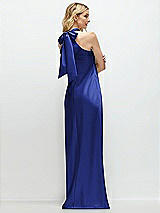 Rear View Thumbnail - Cobalt Blue Stand Collar Bias Satin Maxi Dress with Self-Tie Bow Back