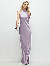 Front View Thumbnail - Lilac Haze Stand Collar Bias Satin Maxi Dress with Self-Tie Bow Back