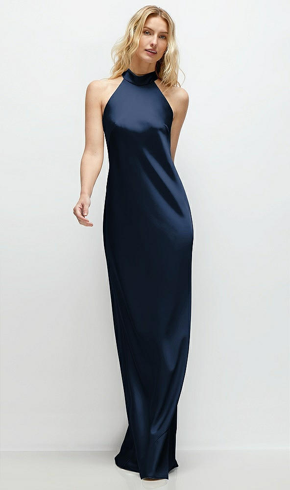 Front View - Midnight Navy Stand Collar Bias Satin Maxi Dress with Self-Tie Bow Back