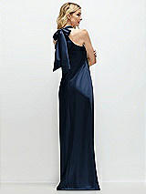 Rear View Thumbnail - Midnight Navy Stand Collar Bias Satin Maxi Dress with Self-Tie Bow Back