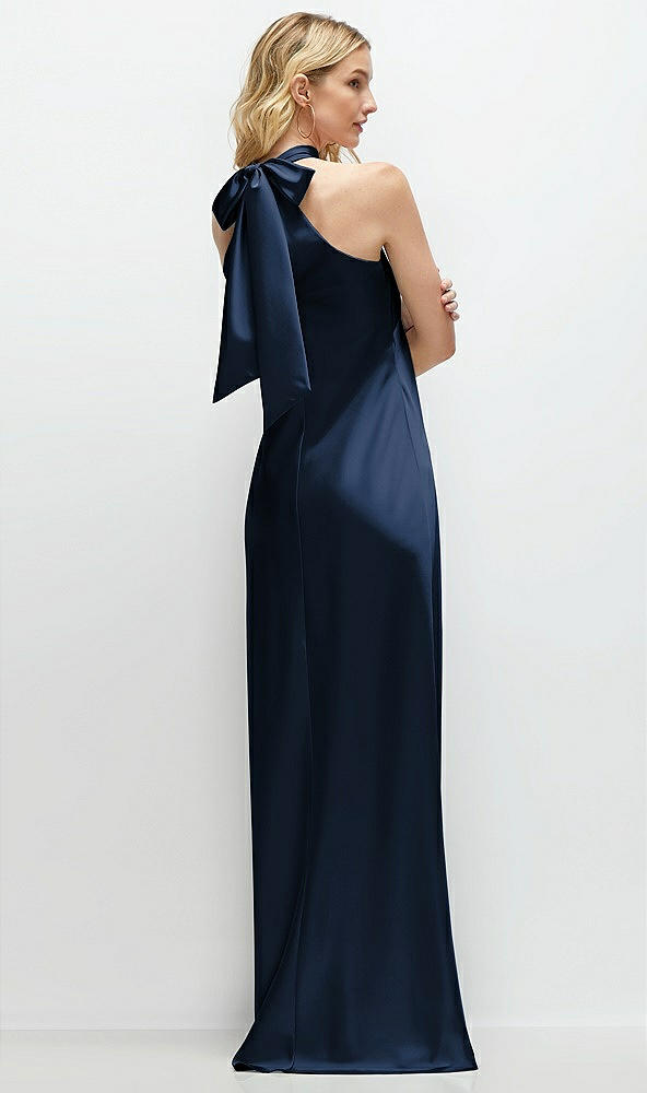 Back View - Midnight Navy Stand Collar Bias Satin Maxi Dress with Self-Tie Bow Back