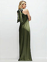 Rear View Thumbnail - Olive Green Stand Collar Bias Satin Maxi Dress with Self-Tie Bow Back