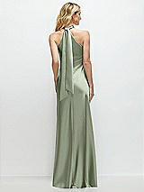 Alt View 1 Thumbnail - Sage Stand Collar Bias Satin Maxi Dress with Self-Tie Bow Back