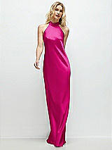 Front View Thumbnail - Think Pink Stand Collar Bias Satin Maxi Dress with Self-Tie Bow Back