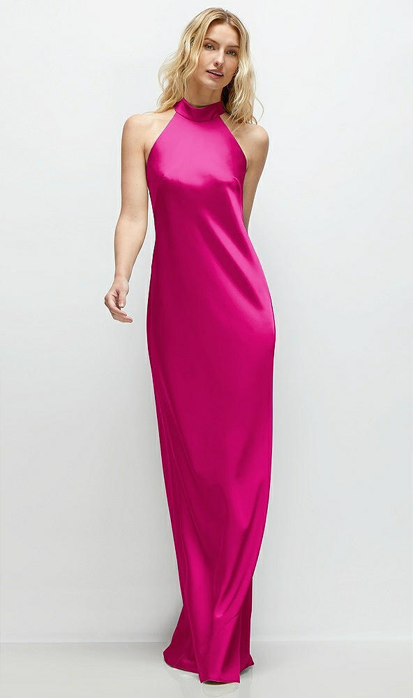 Front View - Think Pink Stand Collar Bias Satin Maxi Dress with Self-Tie Bow Back