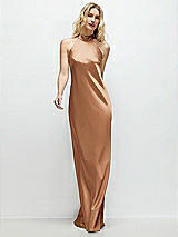 Front View Thumbnail - Toffee Stand Collar Bias Satin Maxi Dress with Self-Tie Bow Back