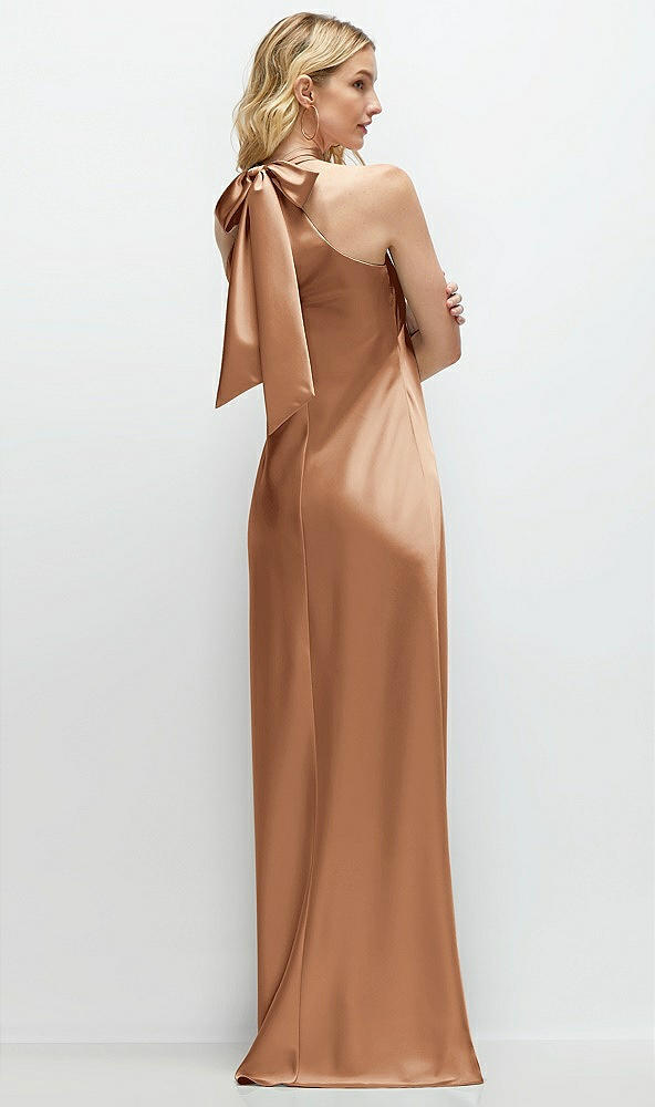 Back View - Toffee Stand Collar Bias Satin Maxi Dress with Self-Tie Bow Back