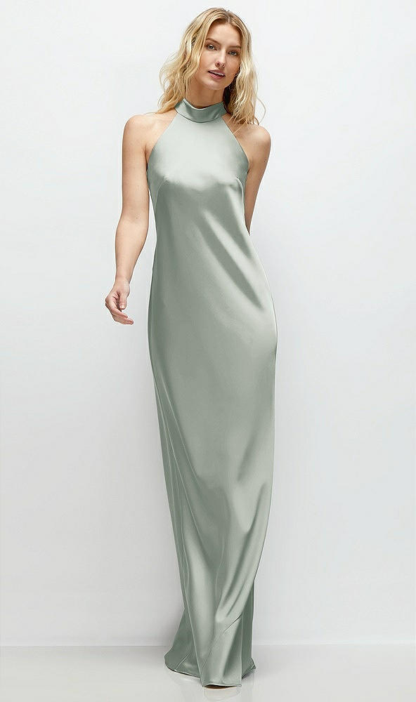 Front View - Willow Green Stand Collar Bias Satin Maxi Dress with Self-Tie Bow Back