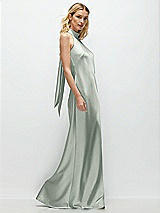 Side View Thumbnail - Willow Green Stand Collar Bias Satin Maxi Dress with Self-Tie Bow Back