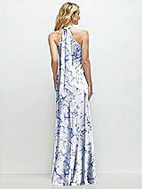 Alt View 1 Thumbnail - Magnolia Sky Floral Stand Collar Bias Satin Maxi Dress with Self-Tie Bow Back