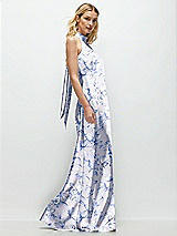 Side View Thumbnail - Magnolia Sky Floral Stand Collar Bias Satin Maxi Dress with Self-Tie Bow Back