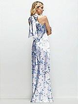 Rear View Thumbnail - Magnolia Sky Floral Stand Collar Bias Satin Maxi Dress with Self-Tie Bow Back