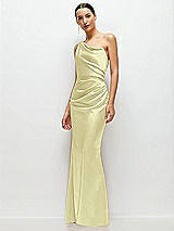 Side View Thumbnail - Butter Yellow One-Shoulder Cat-Eye Neckline Fit and Flare Satin Maxi Dress