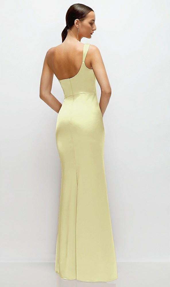 Back View - Butter Yellow One-Shoulder Cat-Eye Neckline Fit and Flare Satin Maxi Dress