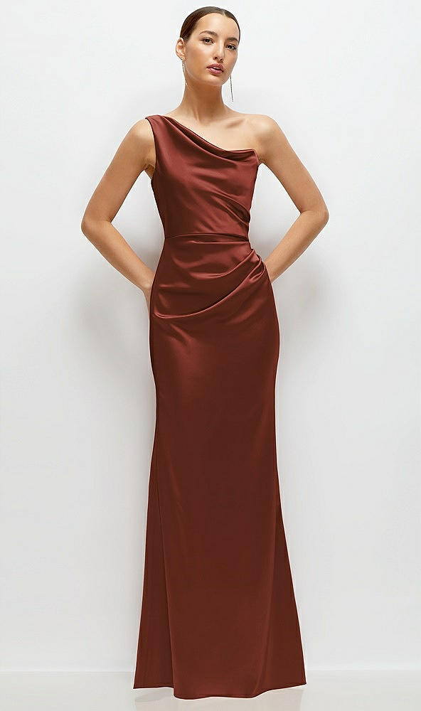 Front View - Auburn Moon One-Shoulder Cat-Eye Neckline Fit and Flare Satin Maxi Dress