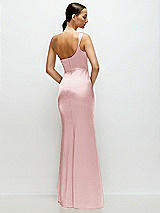 Rear View Thumbnail - Ballet Pink One-Shoulder Cat-Eye Neckline Fit and Flare Satin Maxi Dress