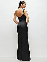 Rear View Thumbnail - Black One-Shoulder Cat-Eye Neckline Fit and Flare Satin Maxi Dress