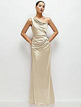 Front View Thumbnail - Champagne One-Shoulder Cat-Eye Neckline Fit and Flare Satin Maxi Dress