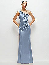 Front View Thumbnail - Cloudy One-Shoulder Cat-Eye Neckline Fit and Flare Satin Maxi Dress