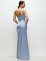 Rear View Thumbnail - Cloudy One-Shoulder Cat-Eye Neckline Fit and Flare Satin Maxi Dress