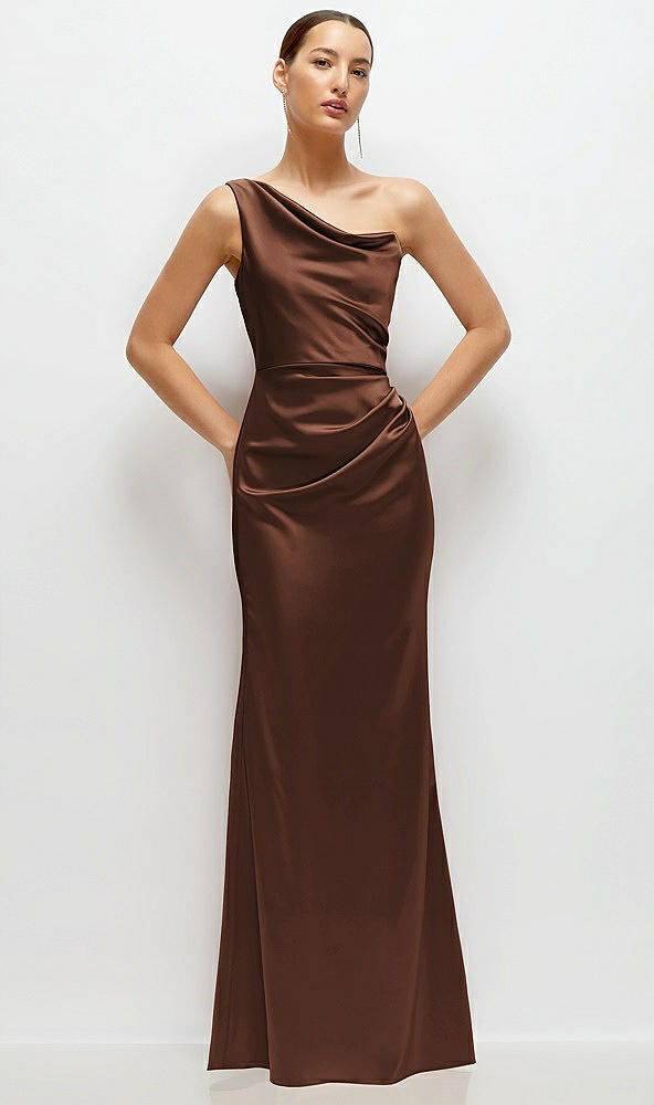 Front View - Cognac One-Shoulder Cat-Eye Neckline Fit and Flare Satin Maxi Dress