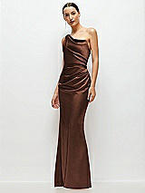 Side View Thumbnail - Cognac One-Shoulder Cat-Eye Neckline Fit and Flare Satin Maxi Dress