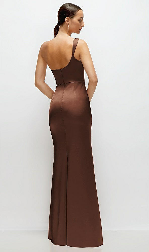 Back View - Cognac One-Shoulder Cat-Eye Neckline Fit and Flare Satin Maxi Dress