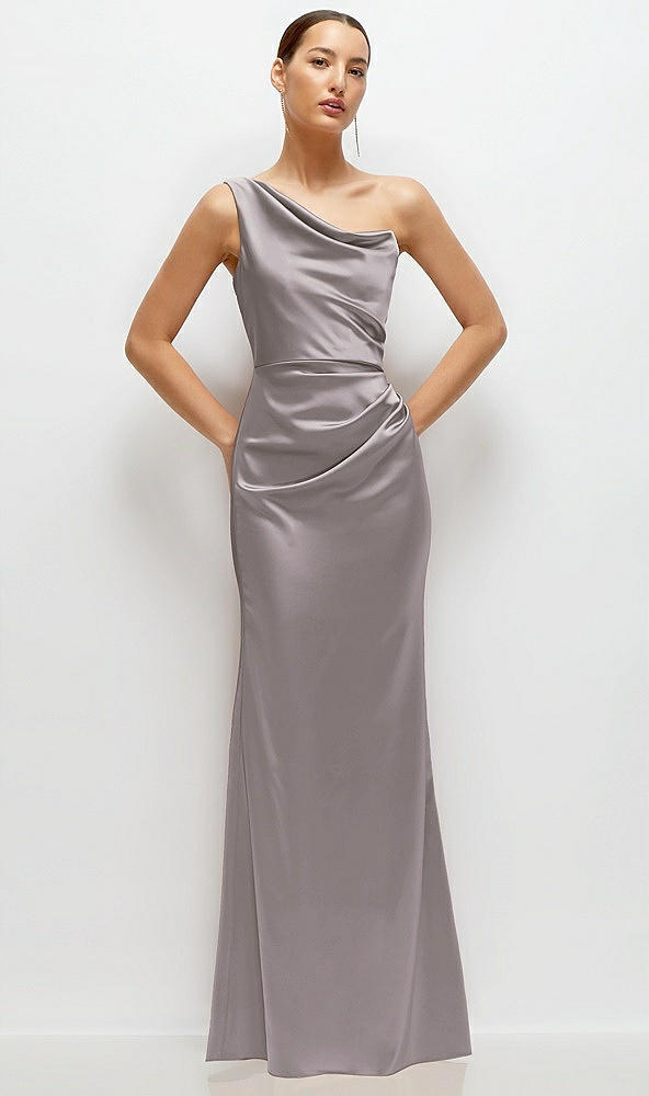 Front View - Cashmere Gray One-Shoulder Cat-Eye Neckline Fit and Flare Satin Maxi Dress