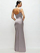 Rear View Thumbnail - Cashmere Gray One-Shoulder Cat-Eye Neckline Fit and Flare Satin Maxi Dress