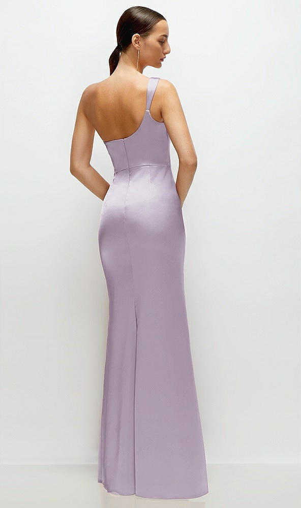 Back View - Lilac Haze One-Shoulder Cat-Eye Neckline Fit and Flare Satin Maxi Dress