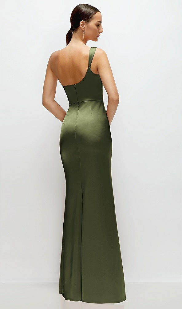 Back View - Olive Green One-Shoulder Cat-Eye Neckline Fit and Flare Satin Maxi Dress