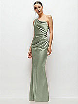 Side View Thumbnail - Sage One-Shoulder Cat-Eye Neckline Fit and Flare Satin Maxi Dress