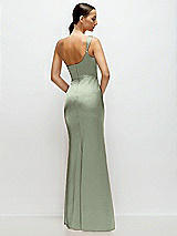 Rear View Thumbnail - Sage One-Shoulder Cat-Eye Neckline Fit and Flare Satin Maxi Dress