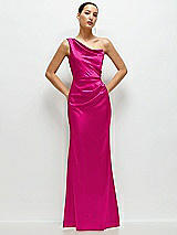 Front View Thumbnail - Think Pink One-Shoulder Cat-Eye Neckline Fit and Flare Satin Maxi Dress