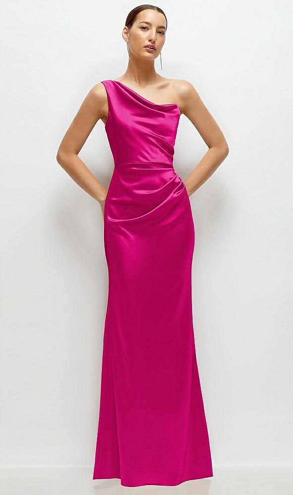 Front View - Think Pink One-Shoulder Cat-Eye Neckline Fit and Flare Satin Maxi Dress