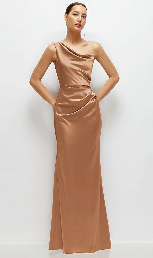 Front View - Toffee One-Shoulder Cat-Eye Neckline Fit and Flare Satin Maxi Dress