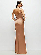 Rear View Thumbnail - Toffee One-Shoulder Cat-Eye Neckline Fit and Flare Satin Maxi Dress