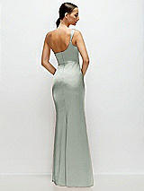 Rear View Thumbnail - Willow Green One-Shoulder Cat-Eye Neckline Fit and Flare Satin Maxi Dress