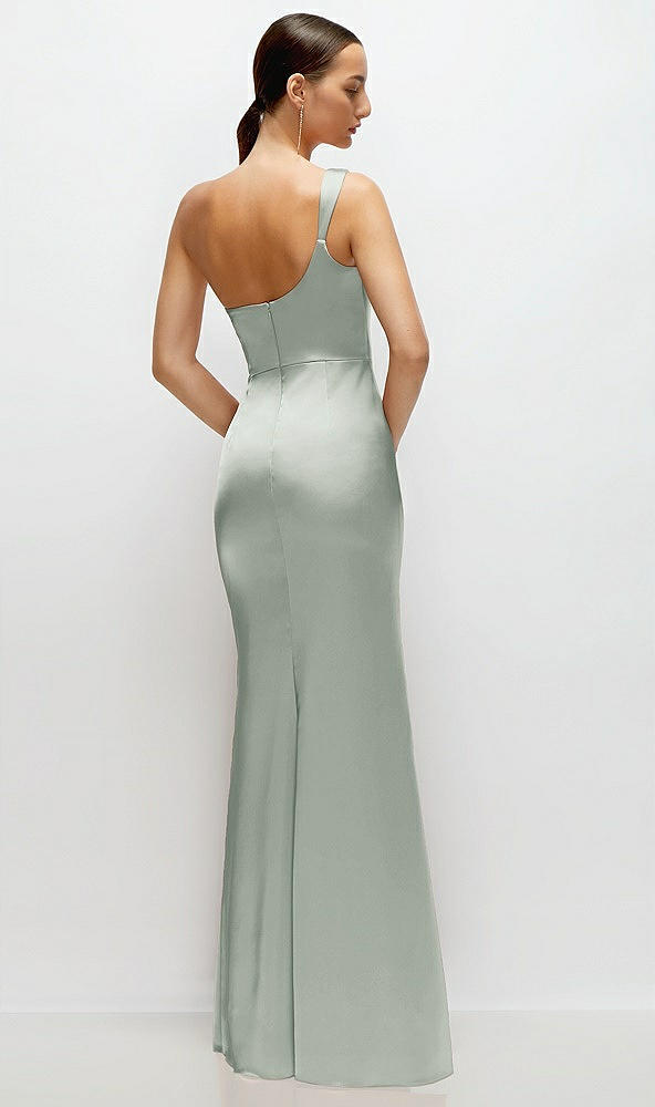 Back View - Willow Green One-Shoulder Cat-Eye Neckline Fit and Flare Satin Maxi Dress