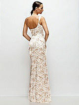 Rear View Thumbnail - Golden Hour Floral One-Shoulder Pleated Cat-Eye Neck Fit and Flare Satin Maxi Dress